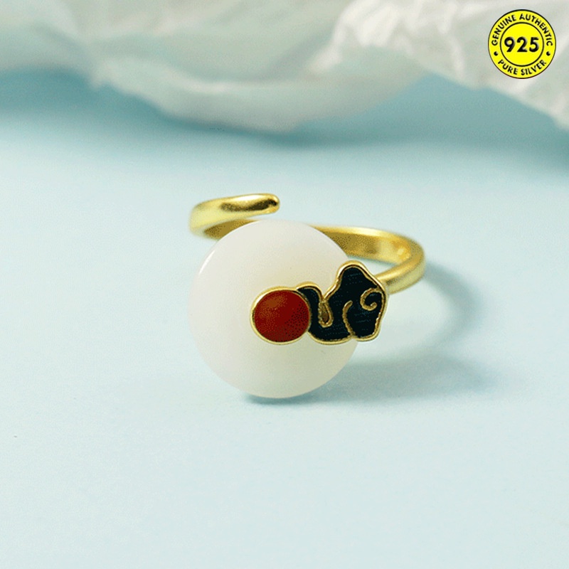 Cincin Enamel Desain Xiangyun Jade Hetian Gaya China Retro Untuk Wanita