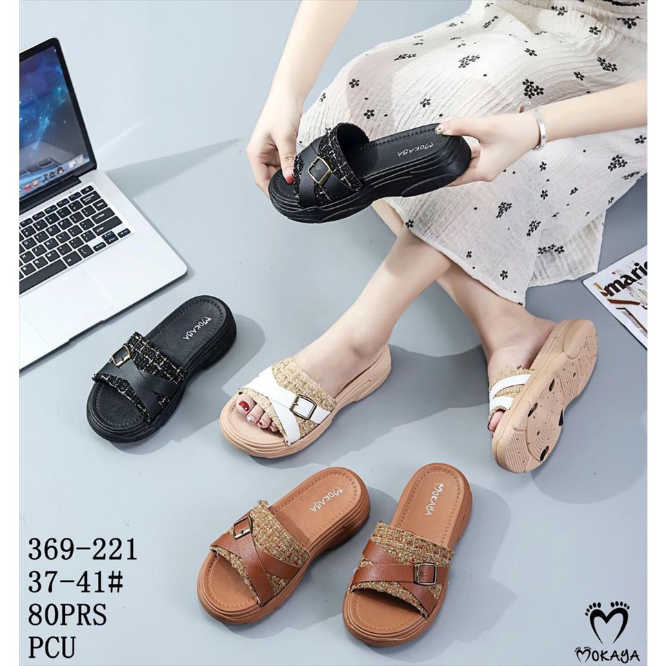 Sandal Wedges Slop Jelly Karet Korea Wanita Ban Knit Silang Gesper Sol Tebal Keren Cantik Elegant Casual Import Mokaya / Size 37-41 (369-221)