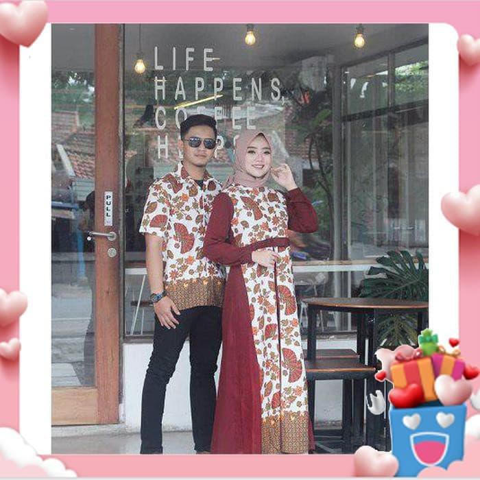 Sangat Laris Couple Muslim Keluarga Lenova Couple Batik Maroon Combi Putih