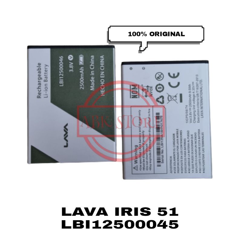 BATRE BATERAI BATTERY LAVA LBI2500046 IRIS 51 2500MAH ORIGINAL 100%