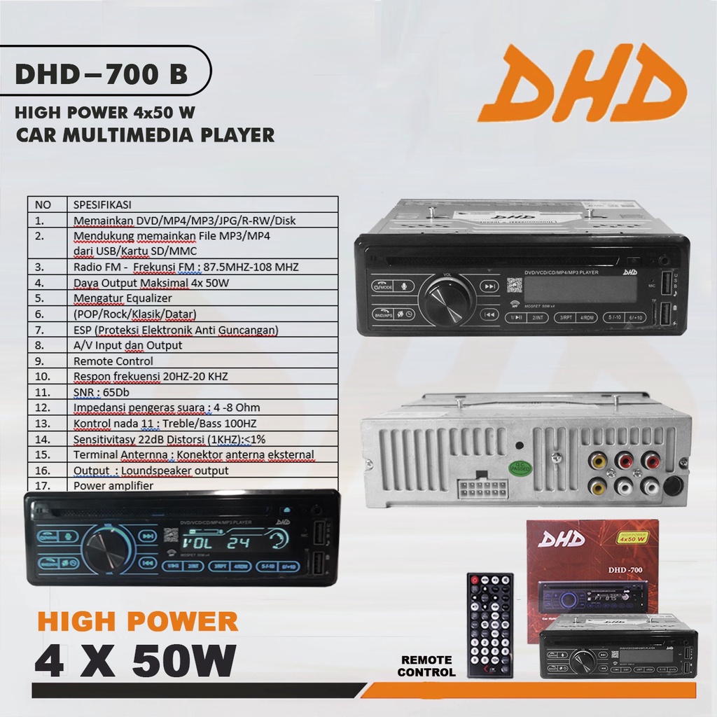 Head Unit Single Din DVD Bluetooth DHD-700 Tape Multimedia Player