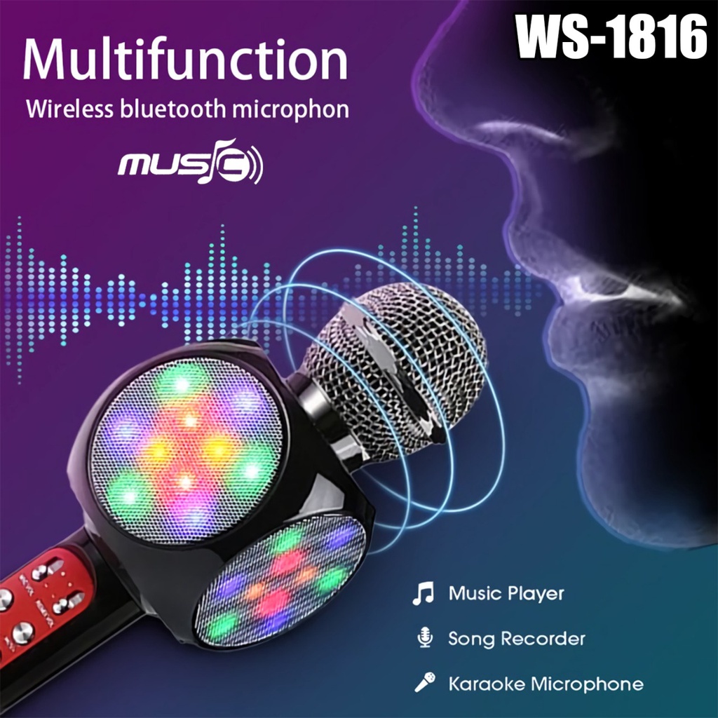 MIC KARAOKE WS1816 MICROPHONE WIRELESS BLUETOOTH WSTER WS-1816 MIC KARAOKE KTV LAMPU LED