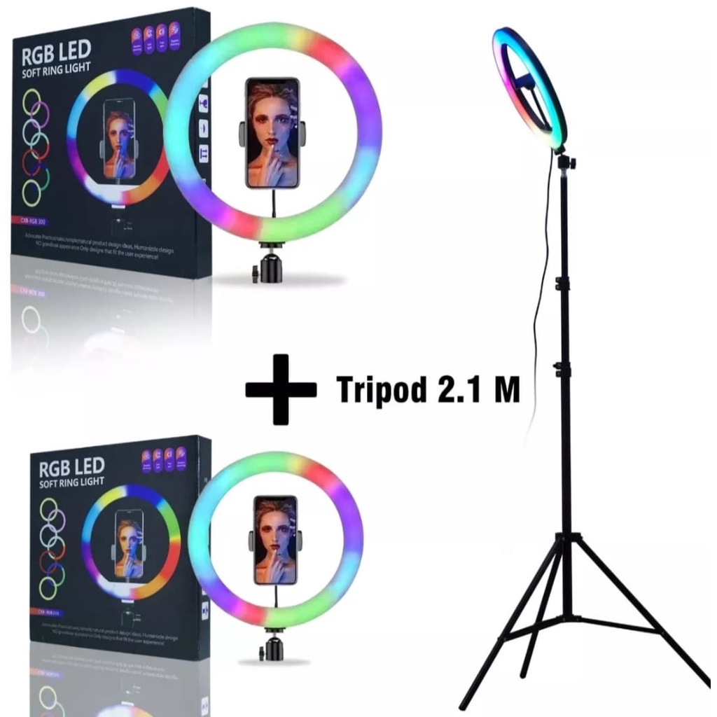 Ringlight 26cm Rainbow RGB Selfie Ring(PAKET KOMPLIT)+Tripod 2.1M+Holder-Satu Set Ring Light 26 cm Rainbow RGB-Ring Light Selfie HP &amp; Camera 1Set Lightning Photography TIik tok Livestreaming-Vlogger-Youtube