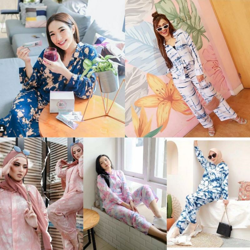 Daily set setelan pajamas / piyama paula syahnaz tie dye abstrak kaktus lengan panjang premium