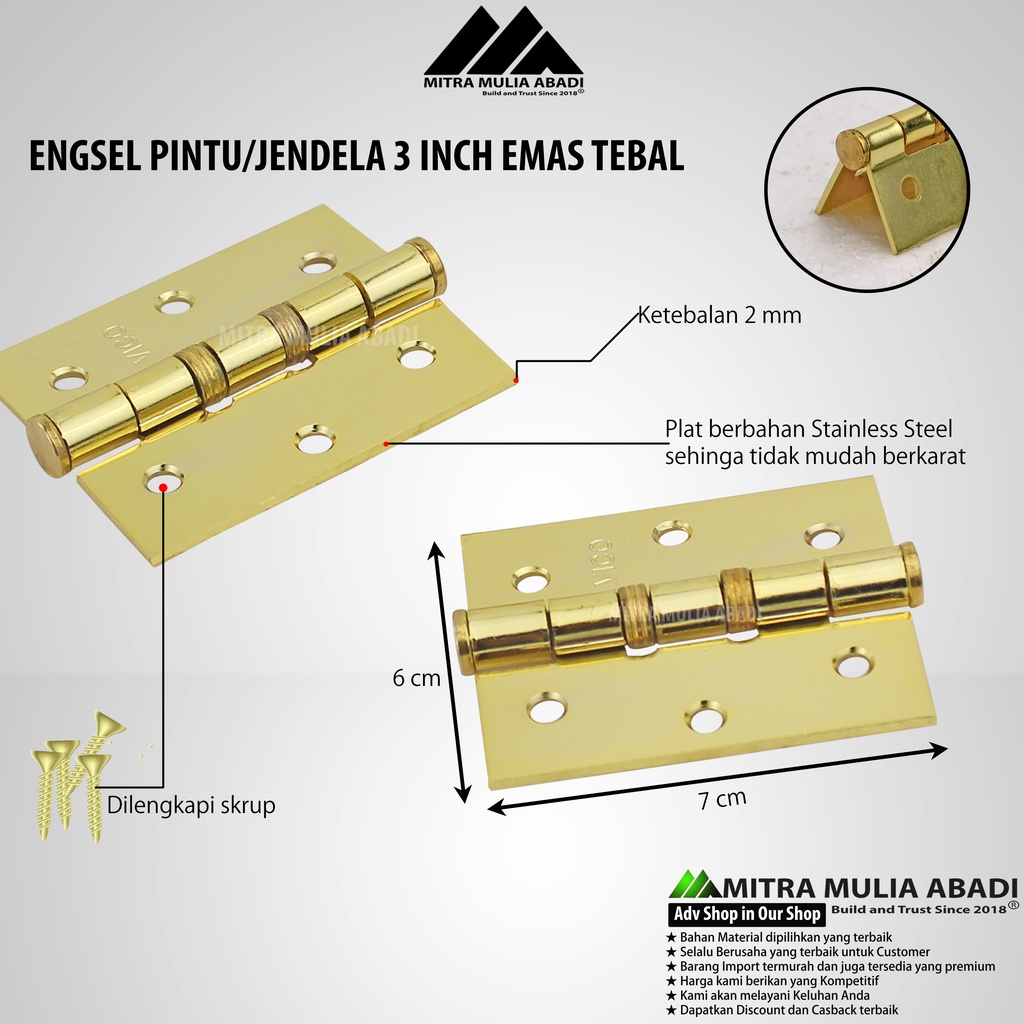 Engsel Pintu Kuning / Jendela TEBAL 3 inch / Stenlis Per Pasang