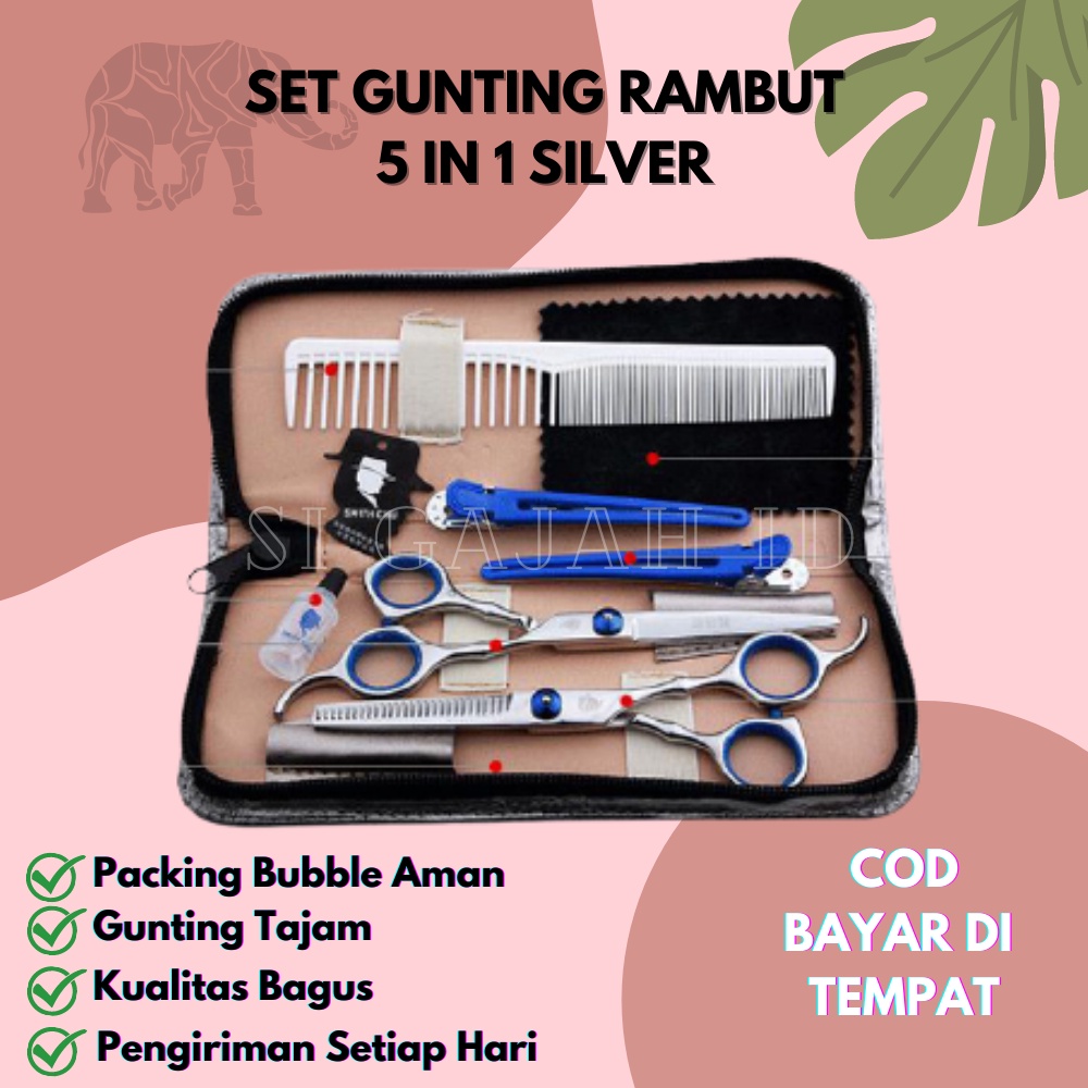 Set Alat Gunting Potong Rambut Salon Barbershop Profesional Cukur Pangkas Sasak Silver