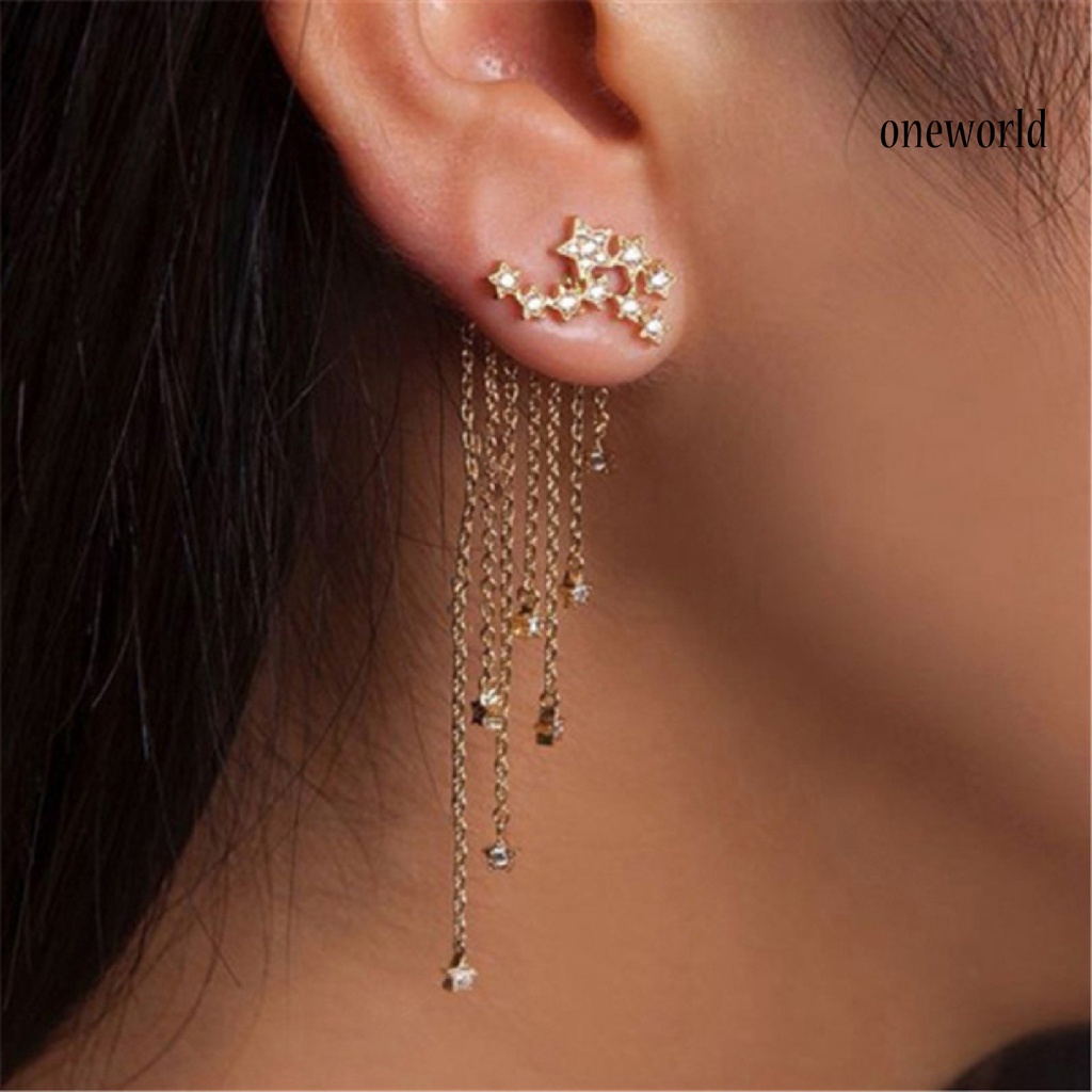 OW@ 1Pc Eardrop Tassel Design Safe Alloy Rhinestone Stars Chain Ear Jacket for Women