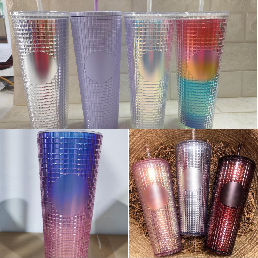 2022 NEW Arrival 24oz Diamond Radiant Goddess Corn Grid Studded Cup Double Wall Plastic Coffee Mug Tumbler with Straw and Lid -OW-