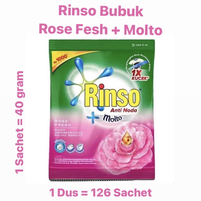Rinso Rose Fresh + Molto Bubuk Sachet  | 1 Dus - 126 Sachet (@40 gram) | Sabun Cuci Baju |  Detergen