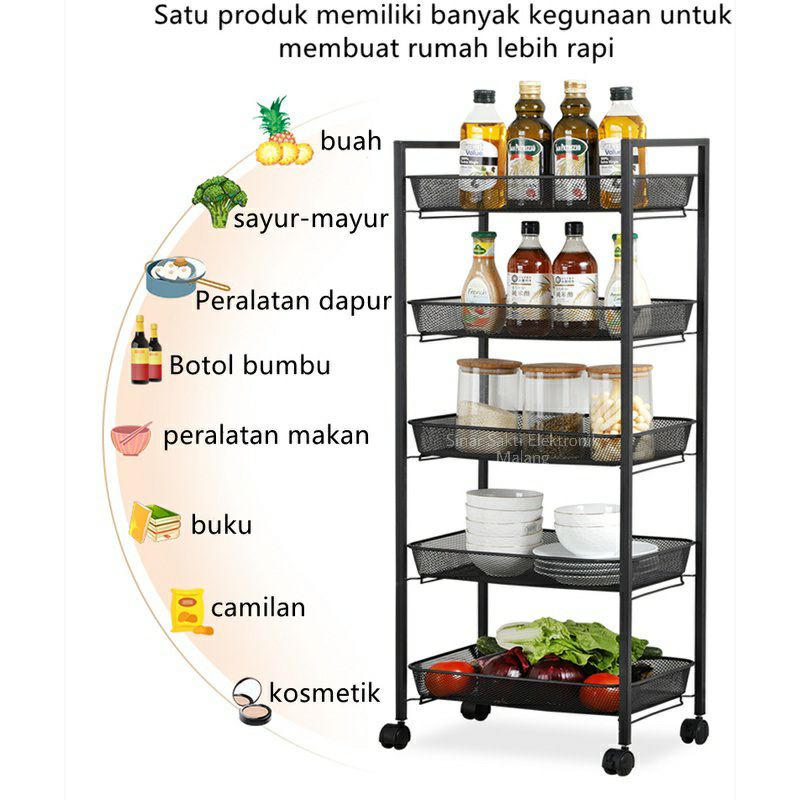 Rak Lantai Beroda 5 Susun Troli Dorong Roda Serbaguna Besi Dapur Malang