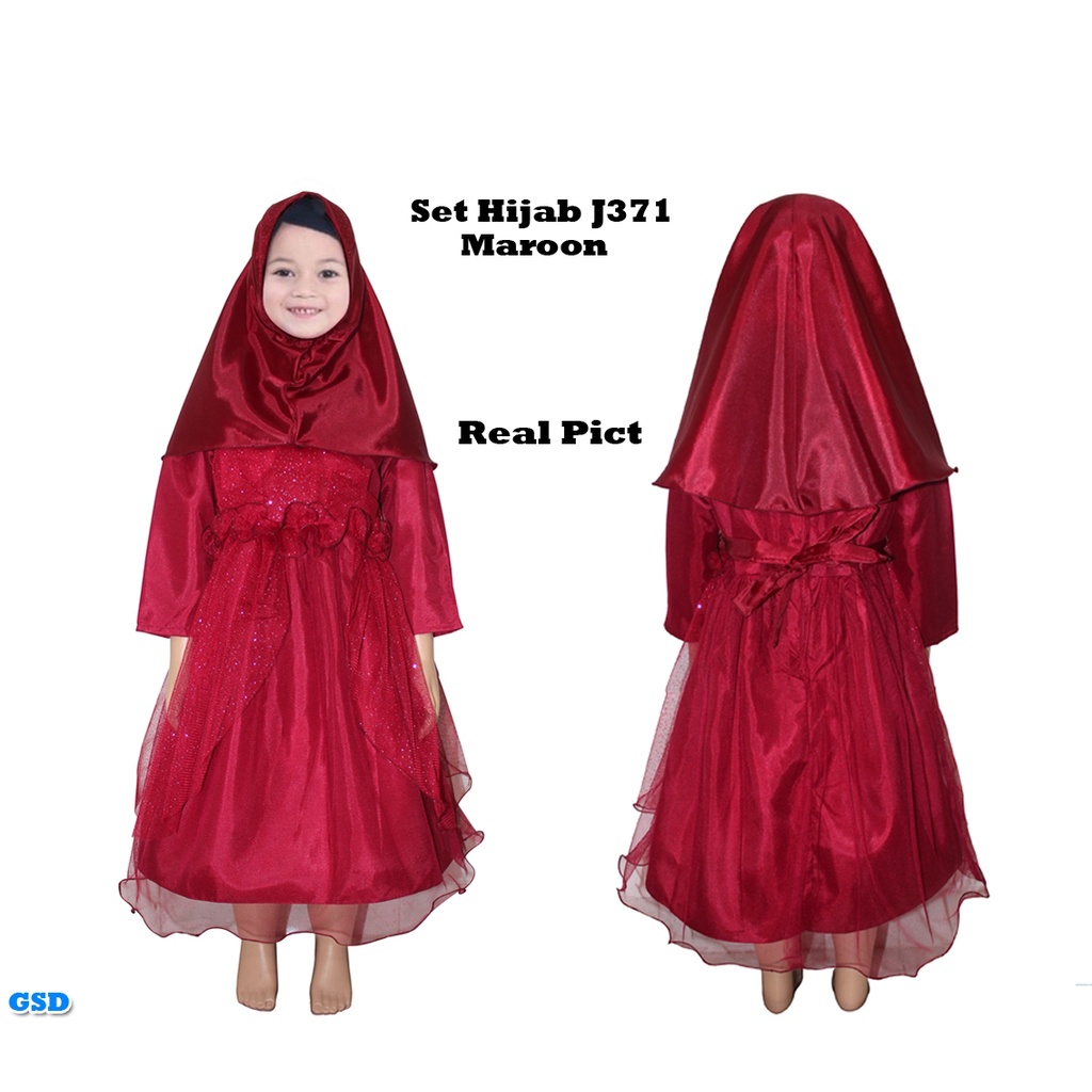 Set Hijab j371 / Baju Anak Perempuan / Baju Gamis Muslim Anak / Maxi Dress + Krudung  Usia 3-5 Tahun