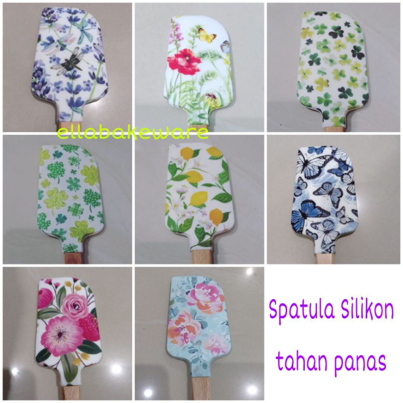 Spatula Silikon Tahan Panas Gagang Kayu motif BESAR