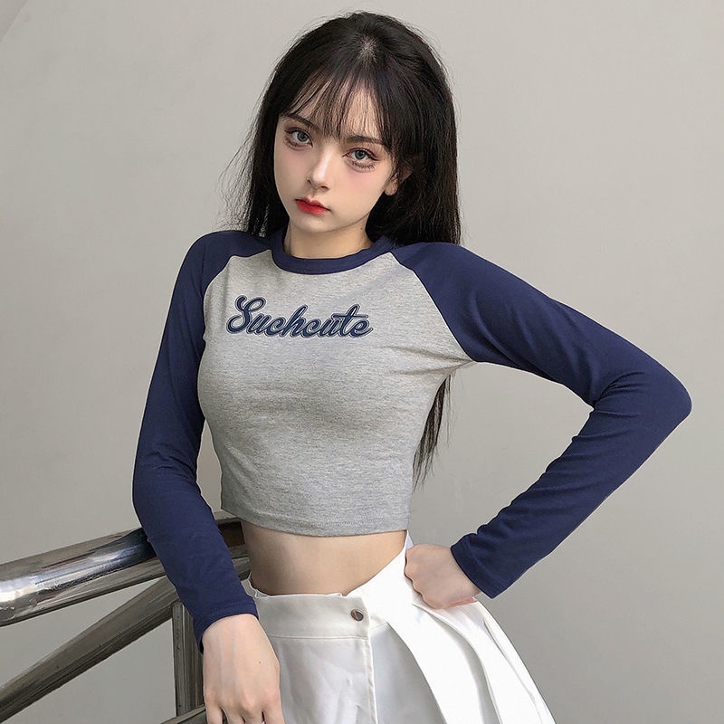 impor Eropa dan Amerika raglan jahitan leher bulat lengan panjang atasan crop top wanita