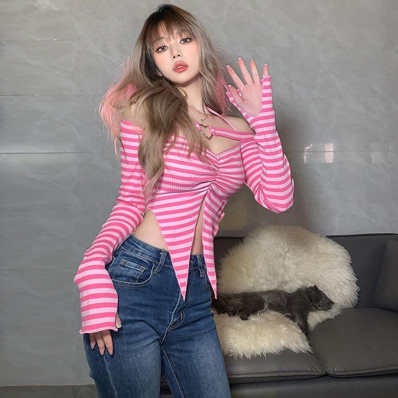 Sweetheart series pink striped halterneck one-shoulder atasan ramping tidak beraturan wanita