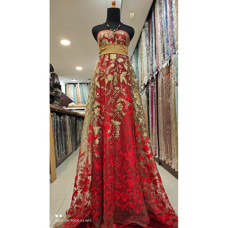 Kain Tile Brokat Lace Two Tone Bridal GOLD MERAH