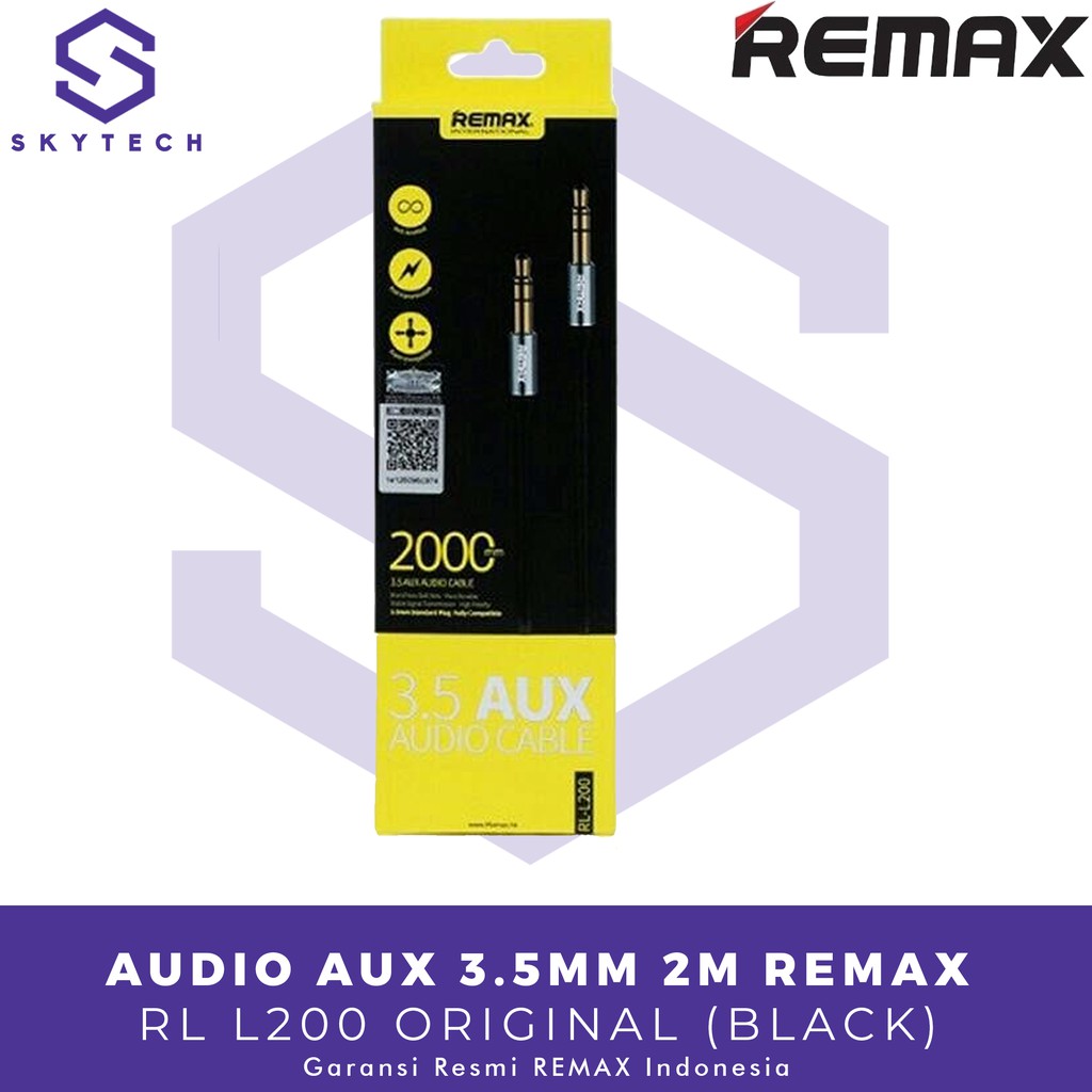 KABEL AUDIO AUX 3.5MM 2M REMAX BLACK RL L200 ORIGINAL GARANSI RESMI