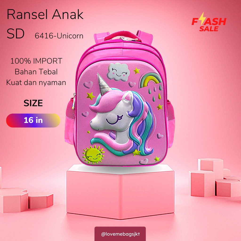 LMB Tas Anak Sekolah Perempuan SD Import Gambar Karakter Unicorn Ukuran Besar Timbul 6D Tebal dan Kuat Viral Bahan Nilon Premium