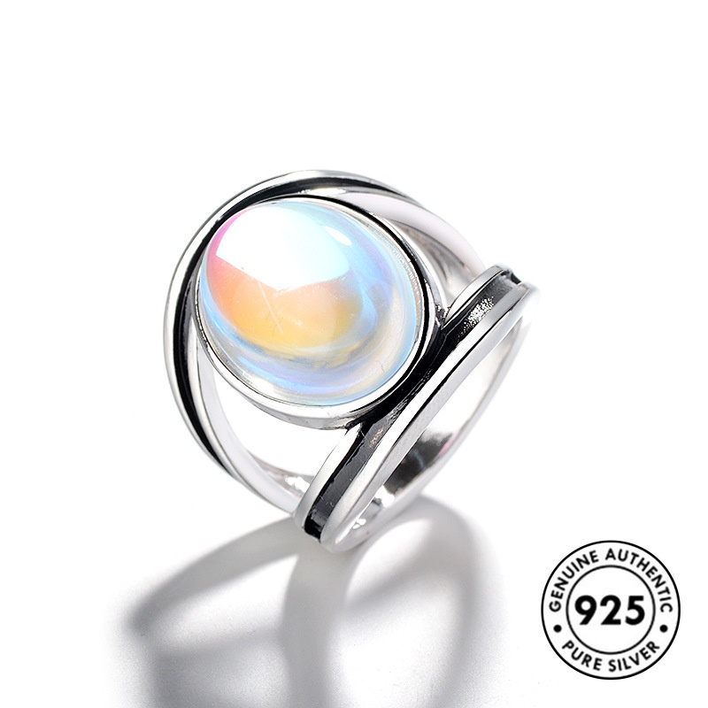 Cincin S925 Silver Aksen Batu Bulan Warna-Warni Gaya Retro