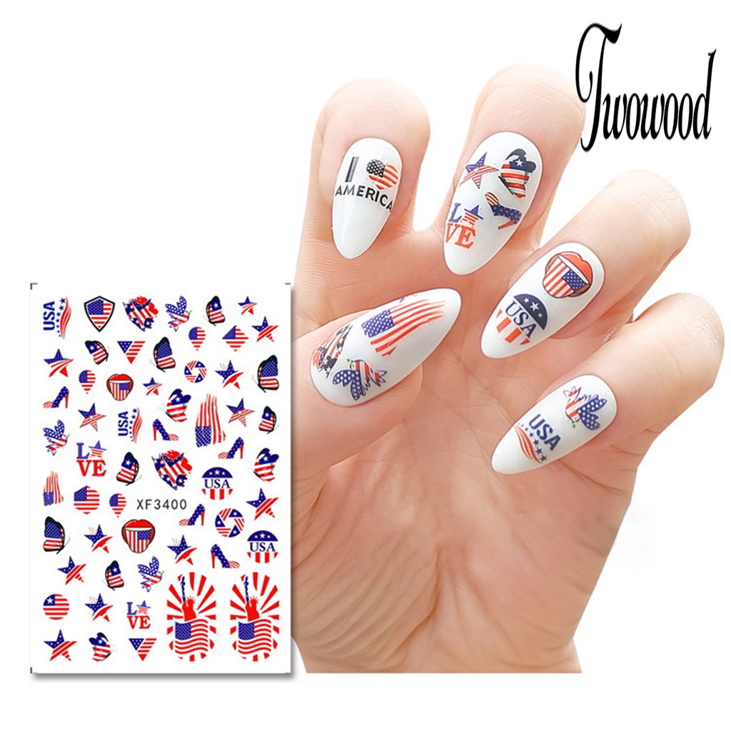 Twowood Stiker Kuku Ultra Tipis Motif Bendera Amerika / National Day Untuk Nail Art