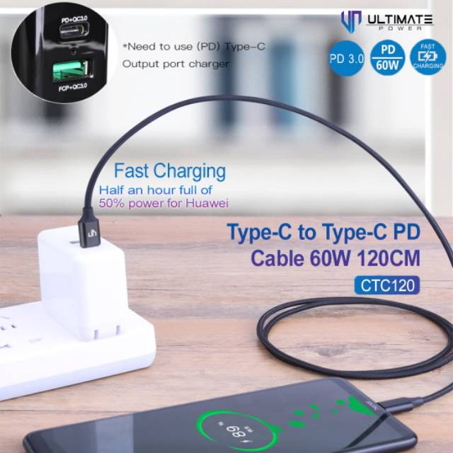 Kabel Data Usb Type C to Type C PD cable 60w 120cm