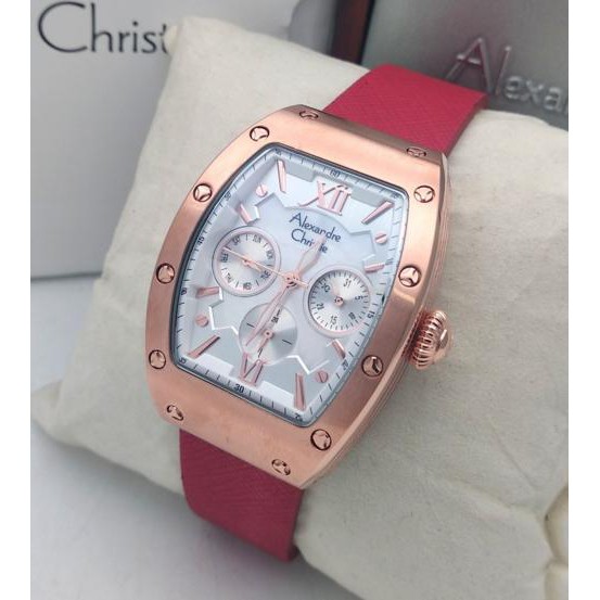 Jam Tangan Alexandre Christie AC 2780 Rose Gold Leather Red for Ladies Original