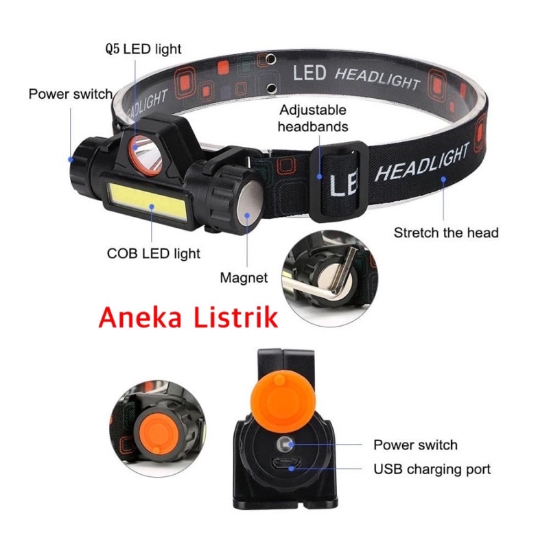 SENTER KEPALA LED CAS XPE SUPER TERANG MURAH HEADLAMP COB RECHARGEABLE PLUS MAGNET