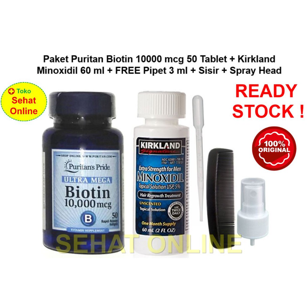 Paket Kirkland Minoxidil 60ml + Puritan Biotin 10000 mcg 50 Softgels