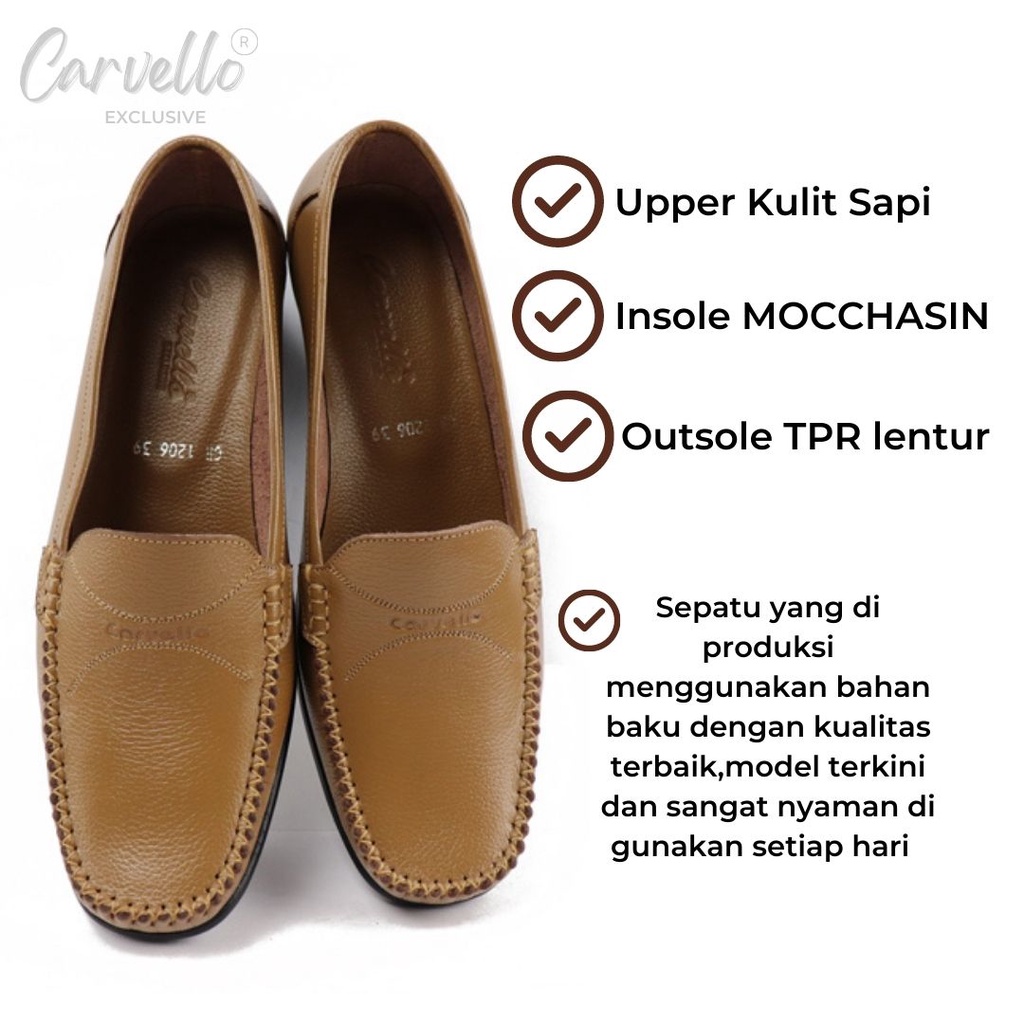 Sepatu Pantofel Wanita Kulit Mocchasin Carvello 1206 Camel