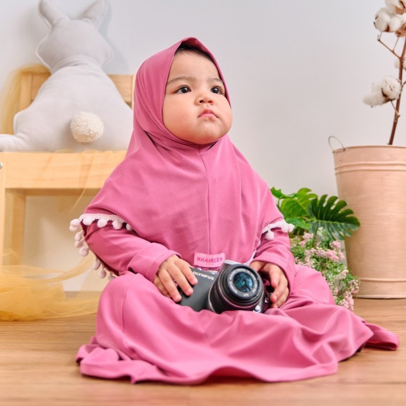 Gamis Bayi Perempuan Pompom Jersey Import / Gamis Anak Khaireen Newborn 1 Tahun / Gamis Bayi