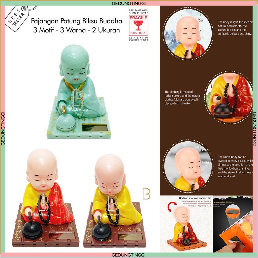 Patung Pajangan Hiasan Biksu Monk Buddha Budha Gerak Goyang Dashboard Mobil Solar Cahaya Radio Lagu Audio Tape Musik Music Player Altar Doa Sembahyang Sembayang Meditasi Matra Buddha Budha Liam Keng Da Bei Zhouw Tapeicou Tai Pe Chouw Amitofo Baterai Batre