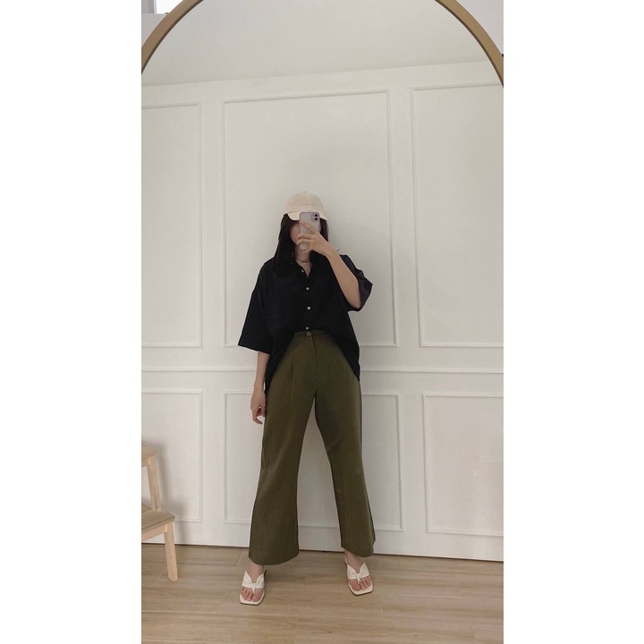Kimmy Highwaist Cullote Pants  Wide Leg Linen Cullotes  Celana Panjang Linen Kulot Wanita-Olive