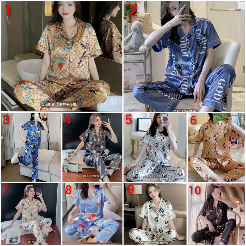 Piyama baju tidur satin lengan pendek celana panjang cp