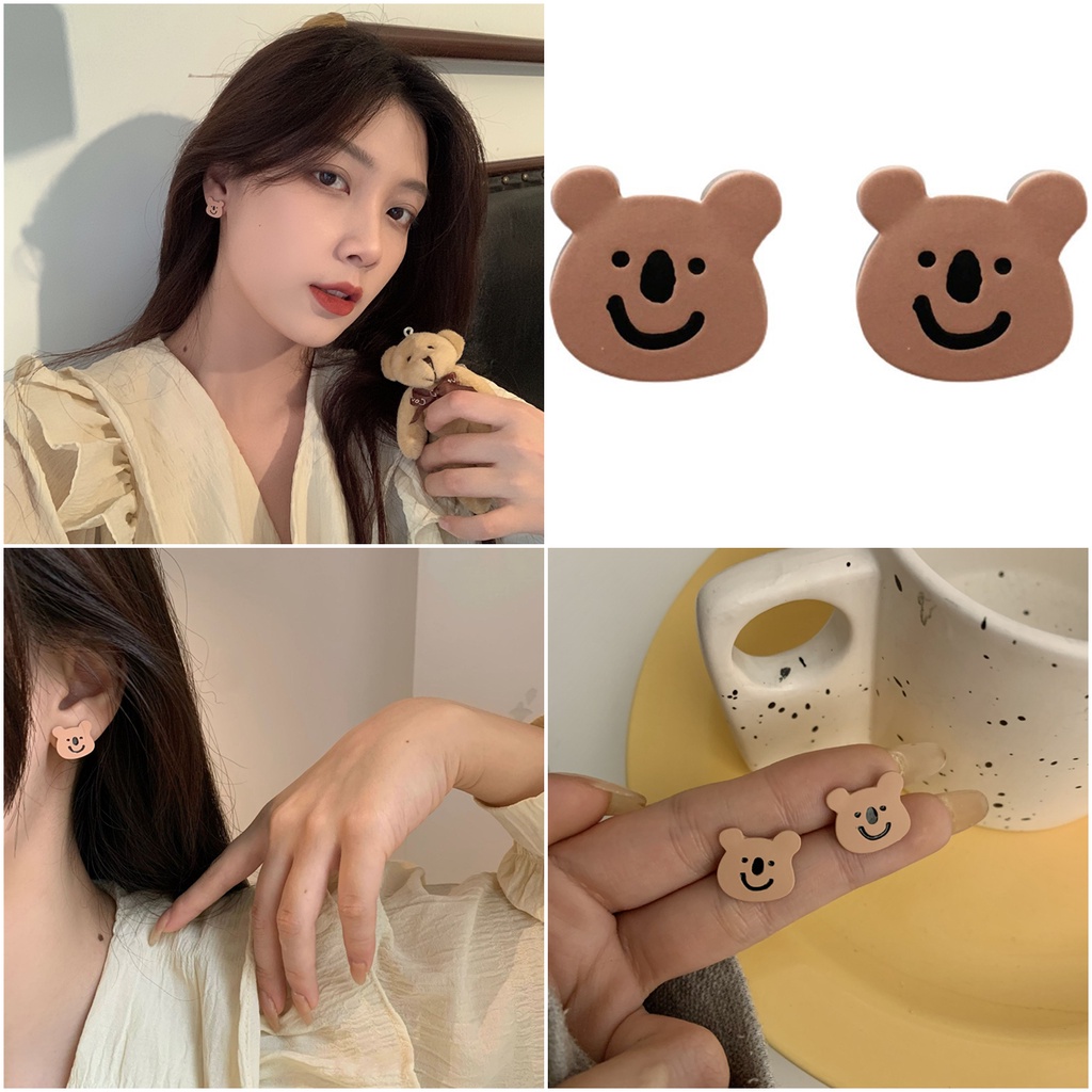 S925 Silver Needle Cute Cartoon Smiling Bear Earrings Fun Personality Simple Sweet Girl Earrings Fashion Accessories Sexy Girl Jewelry