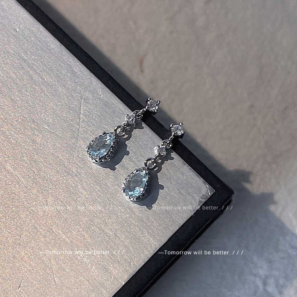 Anting Tusuk Gantung Bahan Sterling Silver 925 Hias Zircon Aquamarine Gaya Koreaelegan Untuk Wanita