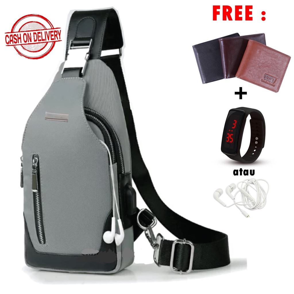 Tas Selempang Pria Murah Anti Air - Leo Bag Abu bonus Dompet + Jam Tangan LED/Headset