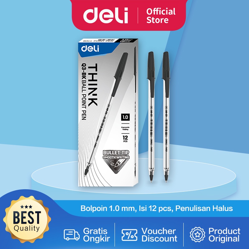 Deli Ballpoint Pen / Pulpen Bolpoin 1.0 mm Isi 12 pcs Penulisan Halus EQ3