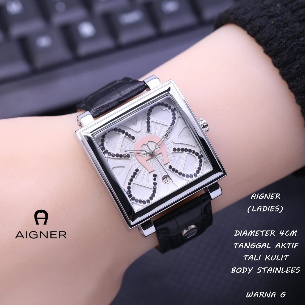 JAM TANGAN WANITA AIGNER TALI KULIT BODY STAINLEES SEGI TANGGAL AKTIF