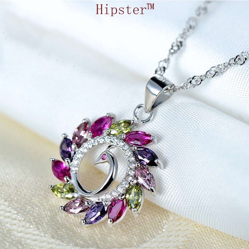 Creative Characteristic Colorful Peacock Open Screen Pendant Fashion Colored Gems Series Necklace