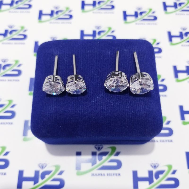Anting Perak Asli Silver 925 Lapis Emas Putih Model Giwang Anting Tusuk Desi Batu Putih - Perak Asli 925 Anti Karat