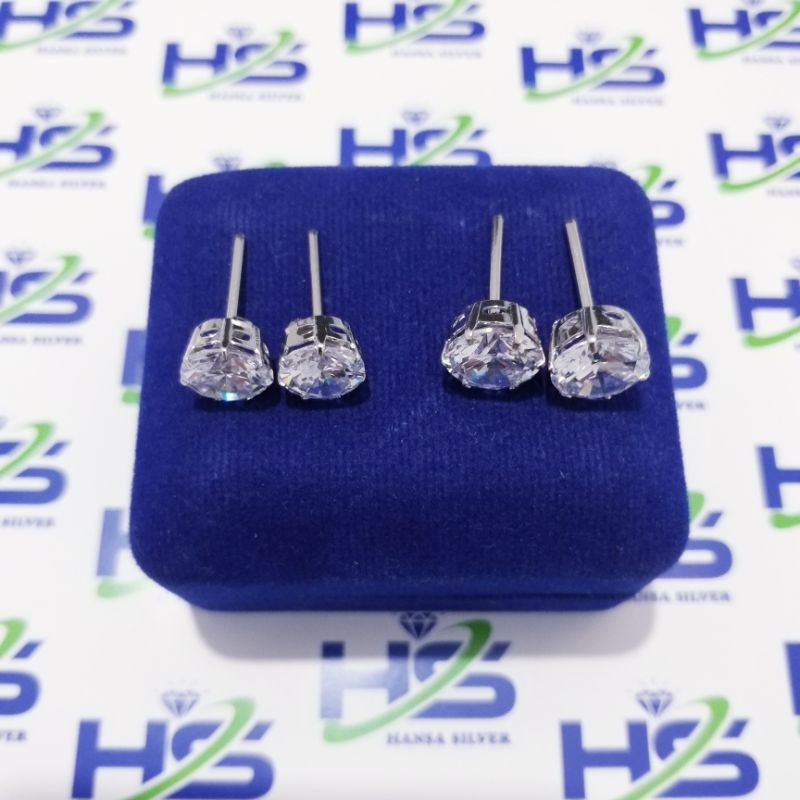 Anting Perak Asli Silver 925 Lapis Emas Putih Model Giwang Anting Tusuk Desi Batu Putih - Perak Asli 925 Anti Karat