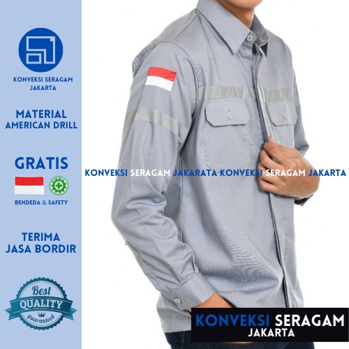 Baju Kemeja Safety K3 Lengan Panjang - Seragam Kerja Atasan Wearpack Werpack Werpak Proyek Tambang Warna Abu Pria Wanita - Konveksi Seragam Jakarta