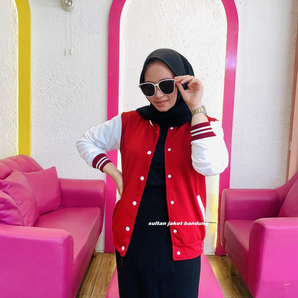 Jaket Varsity Basic II jaket Baseball Polos II College Jacket II Jaket Sweater Varsity Milea-MARUN - PUTIH