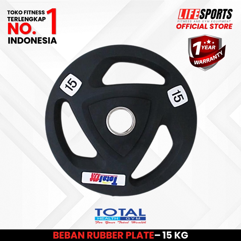 TOTAL HEALTH GYM - New Alat Olahraga Fitness Sport Gym Latihan Angkat Beban Rubber Plate Plat Beban Lapisan Karet 15 Kg Total Fitness