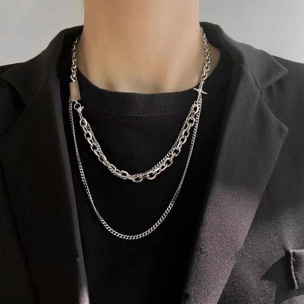 Needway Kalung Baja Titanium Kreatif Keren Salib Perhiasan Fashion Sweater Rantai Pasangan Kalung Gaya Hip Hop Korea Necklace