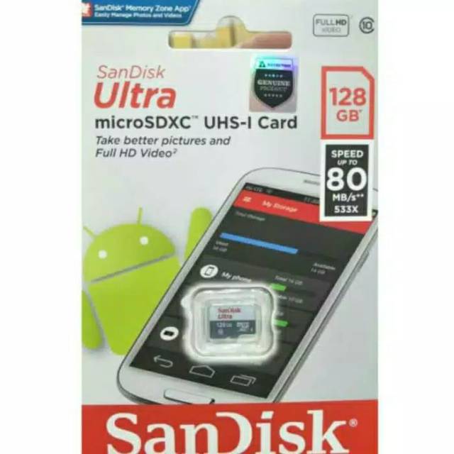 Memory Card Sandisk Micro SD 128GB,Class 10 Speed Up to 80 Mb/s. Garansi Resmi