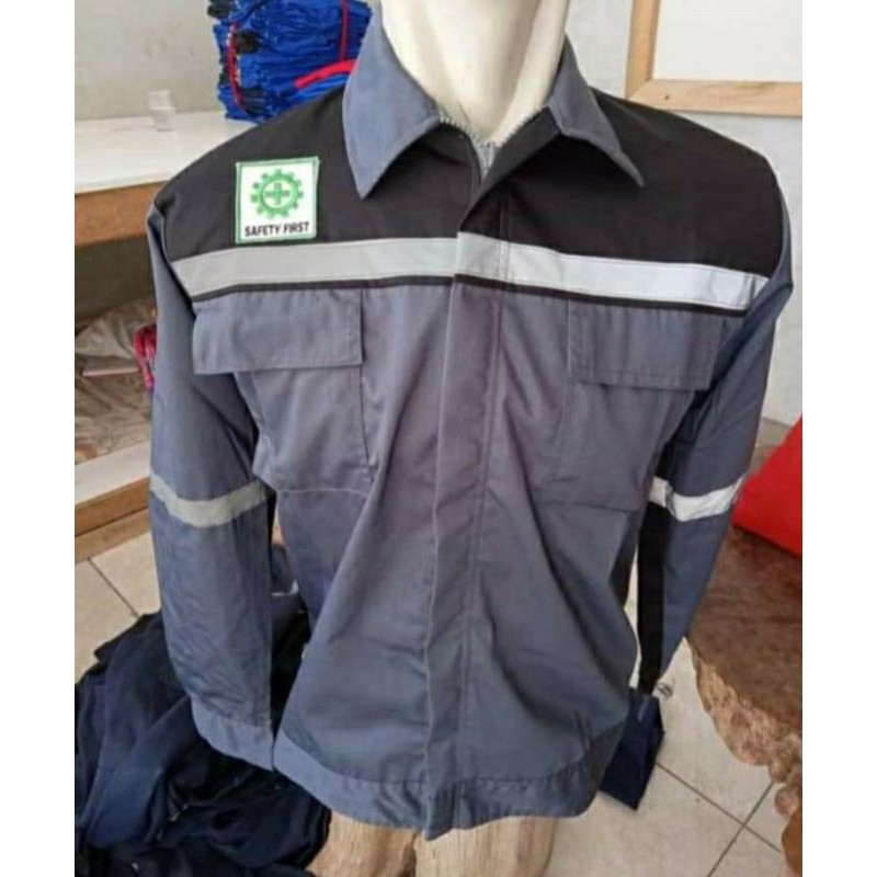 SERAGAM SAFETY ABU HITAM RESLETING FREE LOGO K3 BENDERA WEARPACK