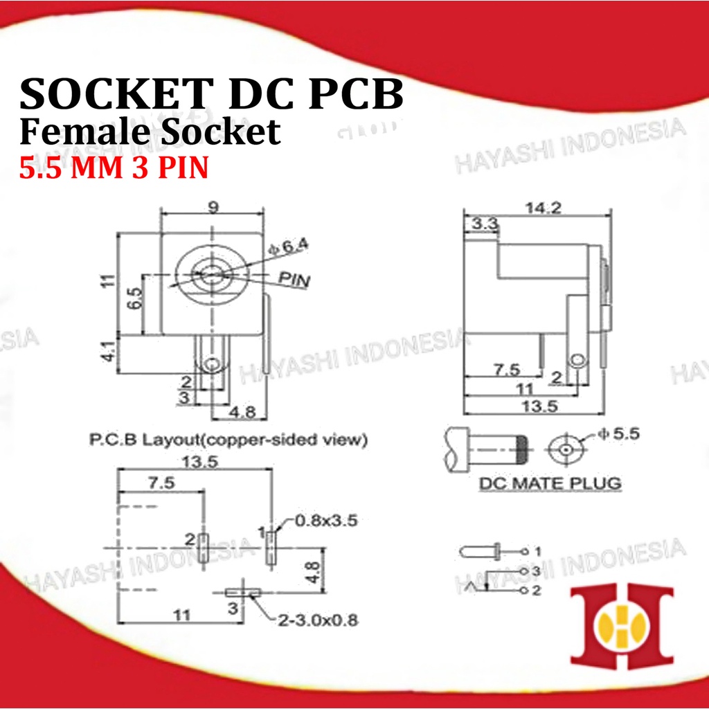 Soket DC 2.1 x 5.5 mm 3 Pin Female Mount PCB Power Socket Plug In Jack-50pcs