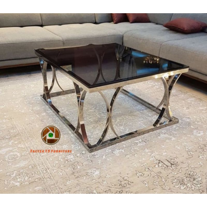 Meja tamu top kaca hitam rangka stainlesh stel