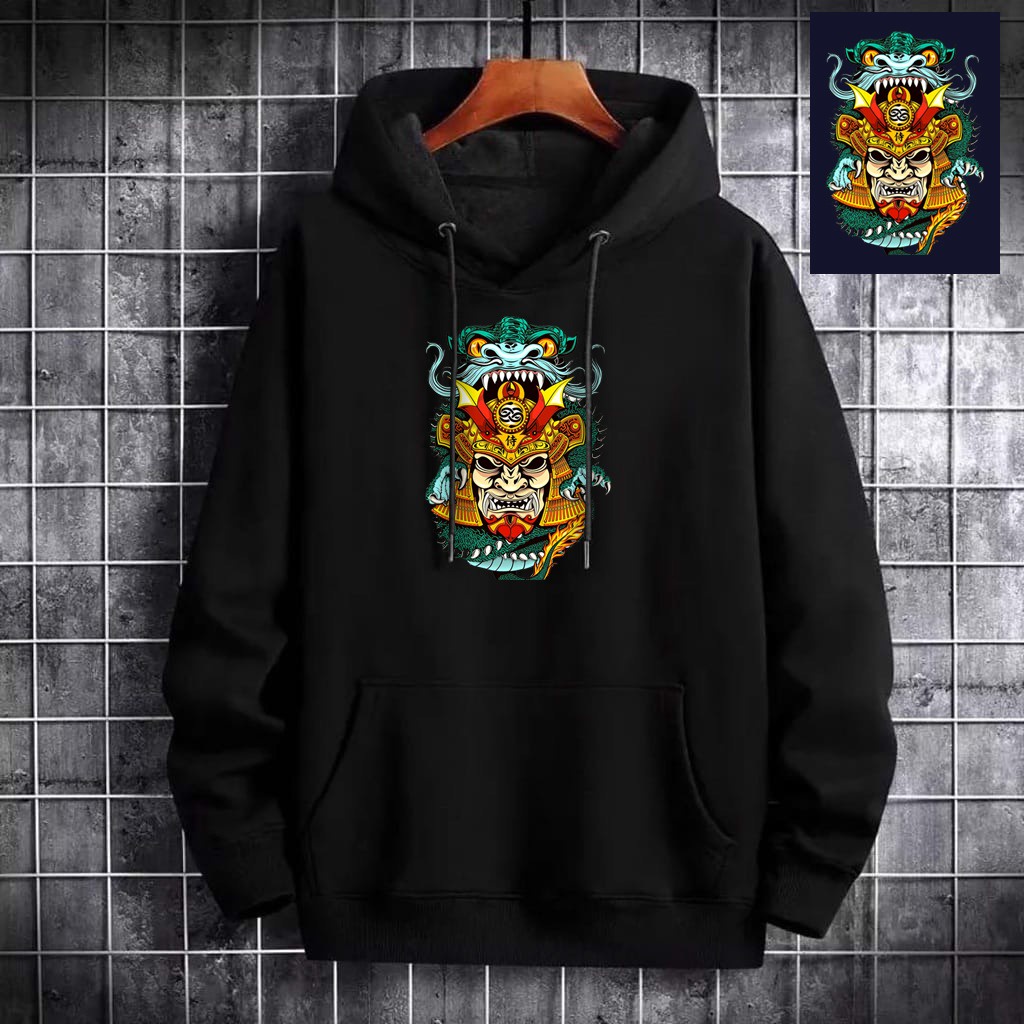 INDOSAN-SWEATER HOODIE GREEN DRAGON SAMURAI-HOODIE DISTRO BAHAN FLEECE MOTIF GAMBAR DTF PRINTING-REAL PICT-BISA COD