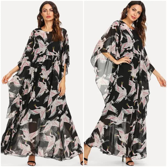 Maxi Long Dress Gamis Kaftan Etnik Korea Boho Bohemian Pantai Bangkok - Hitam- XS